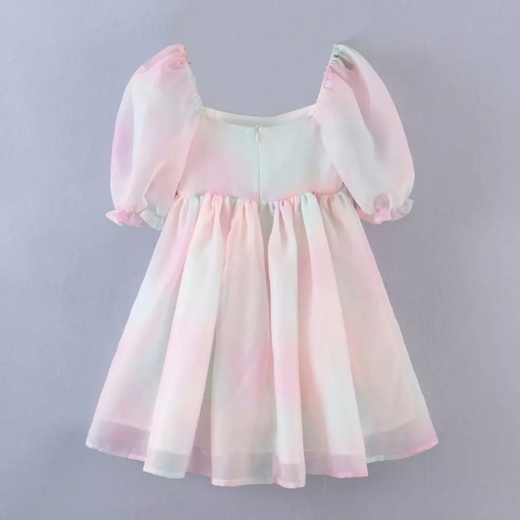 Babydoll Rainbow Tie Dye Puff Sleeve Mini Dress - Picture 2 of 14